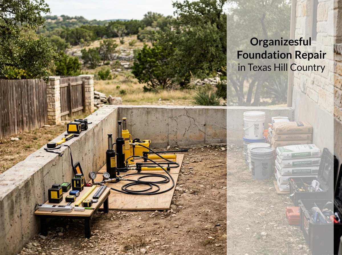 Foundation repair crew and structural lifting equipment on a residential job site in the Texas Hill Country.