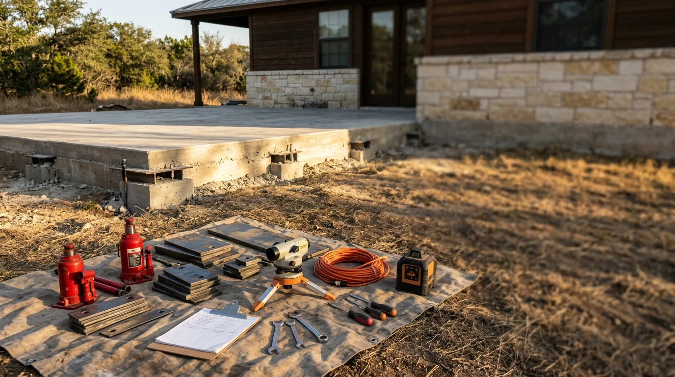 Foundation repair and leveling work on a residential home in Central Texas