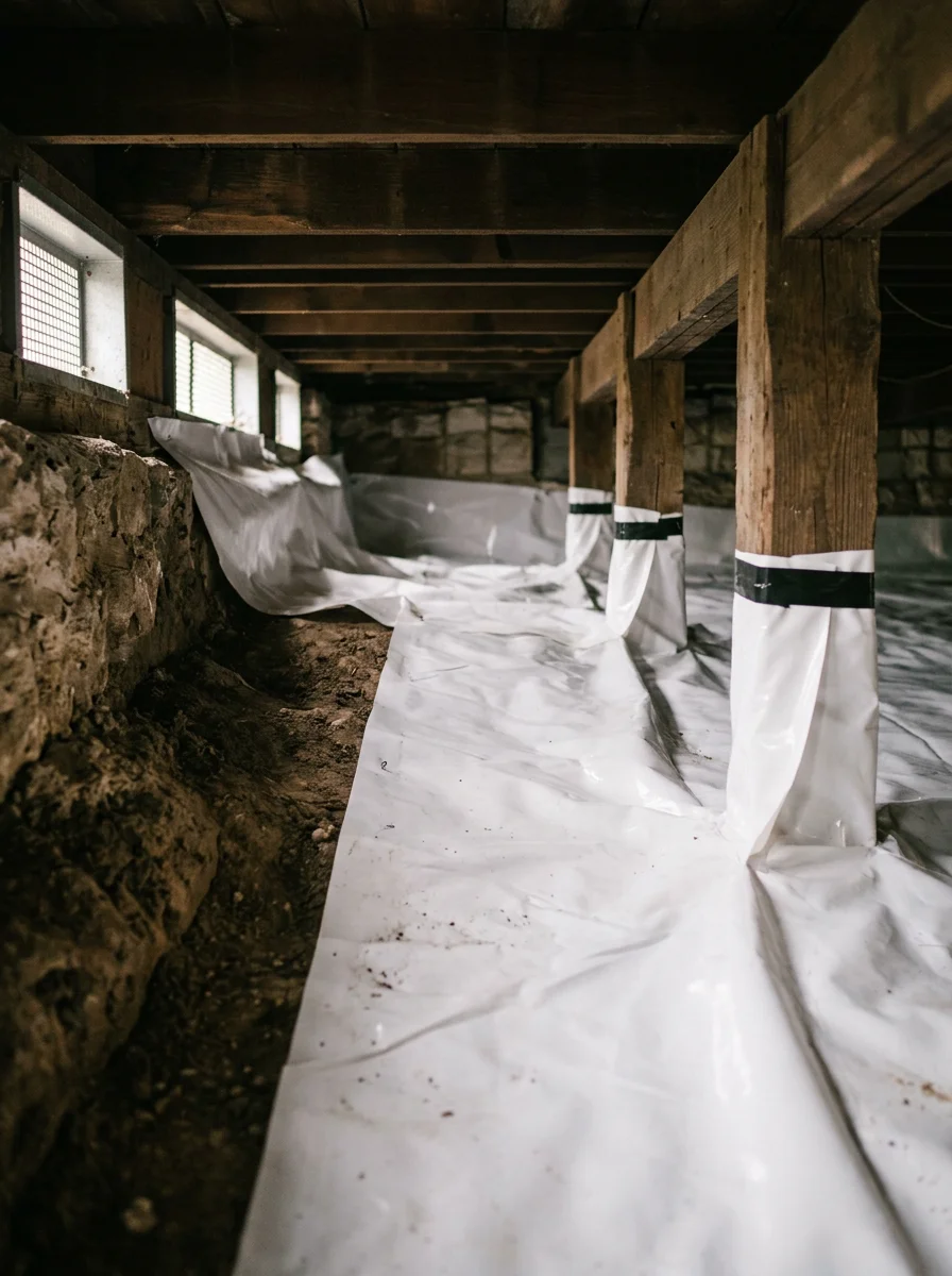 Crawlspace encapsulation installation beneath a 1940s pier-and-beam home in the Hyde Park neighborhood of Austin, TX, with vapor barrier covering bare clay soil.