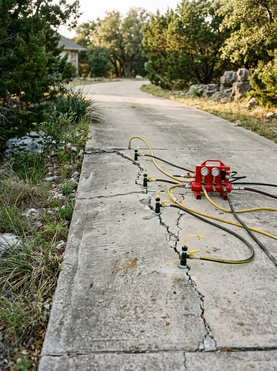 Concrete lifting equipment positioned on a sunken residential driveway in Burnet, TX, with Hill Country limestone terrain in the background.