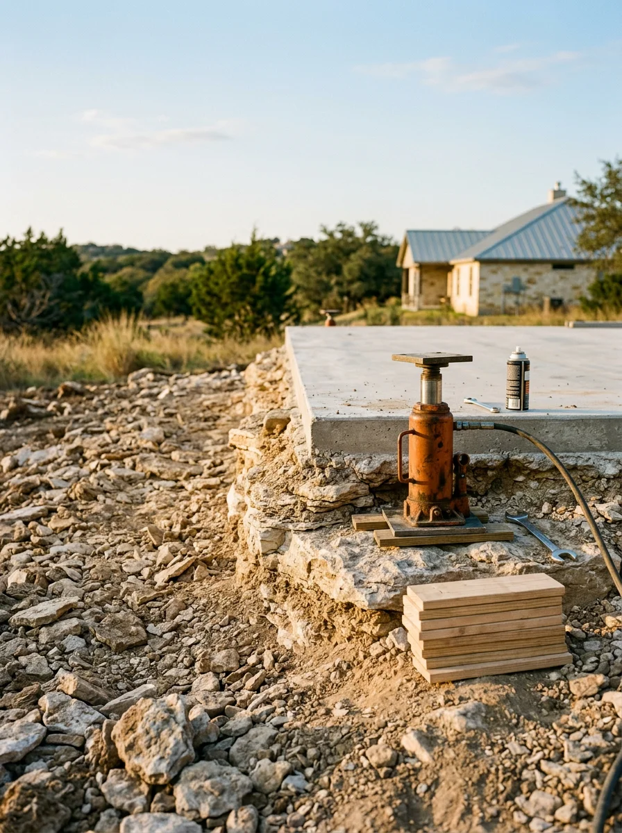 Foundation leveling work on a newer slab-on-grade home on the outskirts of Fredericksburg, TX, with thin rocky soil and limestone bedrock exposed at the pier installation point.