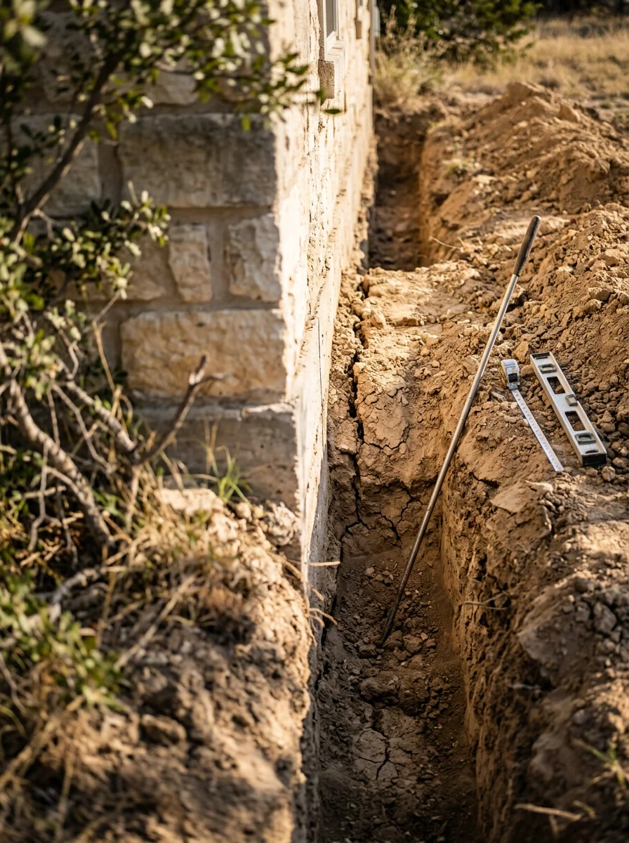 Close-up of a foundation repair crew assessing a corner of a home slab in Kimble County, Texas, with clay loam soil exposed beside the footing.