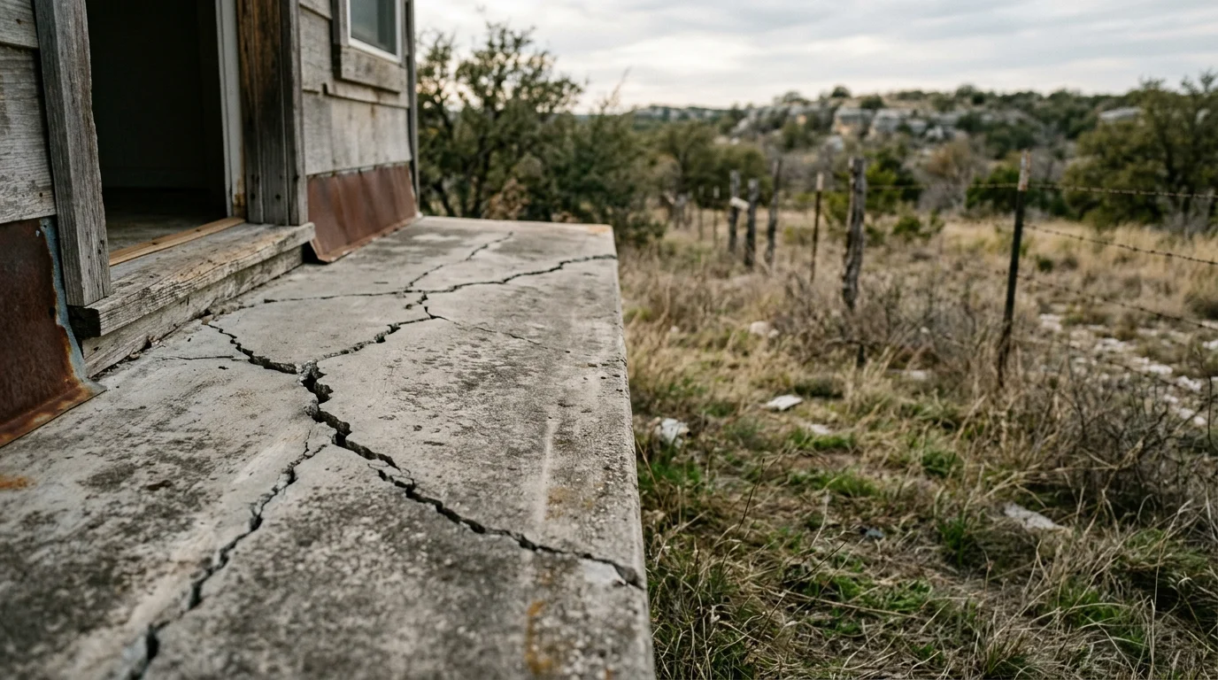A residential concrete slab in Junction, Texas showing differential settlement cracks near a doorway, with limestone ridge terrain visible in the background.