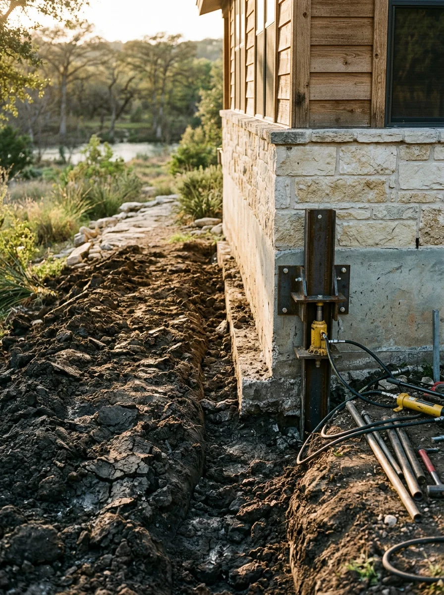 Structural lifting equipment positioned alongside a Kerrville, TX home on a river-corridor lot, with Houston Black clay soil exposed at the foundation perimeter.