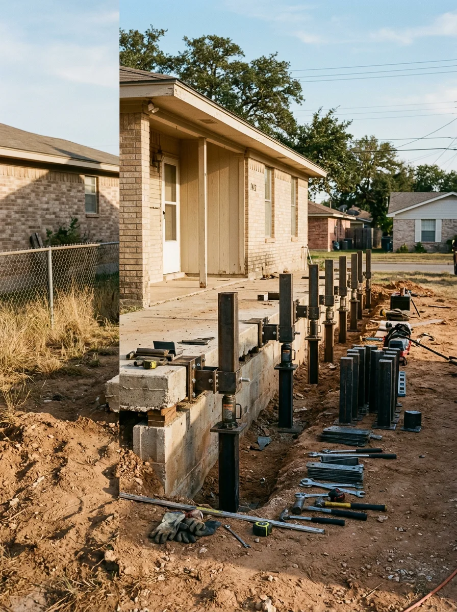 Foundation repair work underway on a 1980s tract home in Killeen, TX, with pier installation equipment positioned along the slab perimeter.