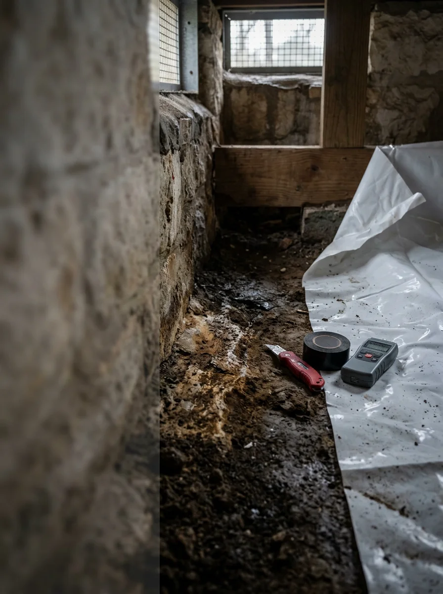 Crawlspace encapsulation vapor barrier installation beneath a Marble Falls, TX home near the Colorado River corridor, with moisture-stained soil visible before treatment.