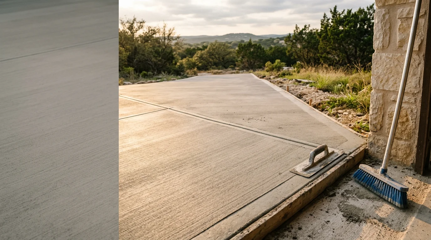 A freshly finished concrete slab with a clean broom texture on a residential property in Junction, Texas. The surface shows consistent finish lines and defined edges typical of Hill Country flatwork.