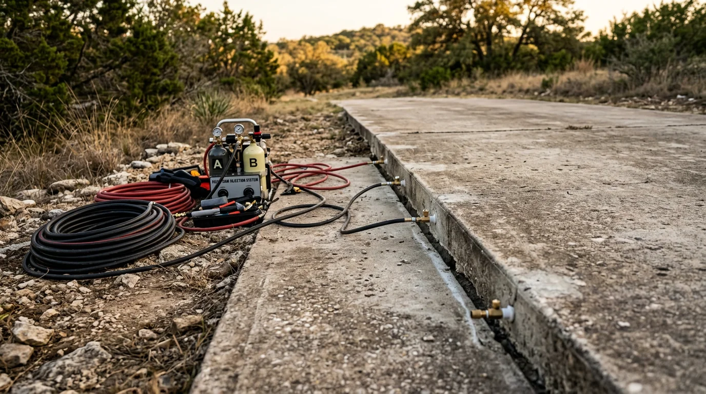 A concrete driveway slab in Junction, Texas being raised and leveled by a concrete lifting crew, with small injection ports visible in the surface and the previously sunken edge now flush with the adjoining concrete.