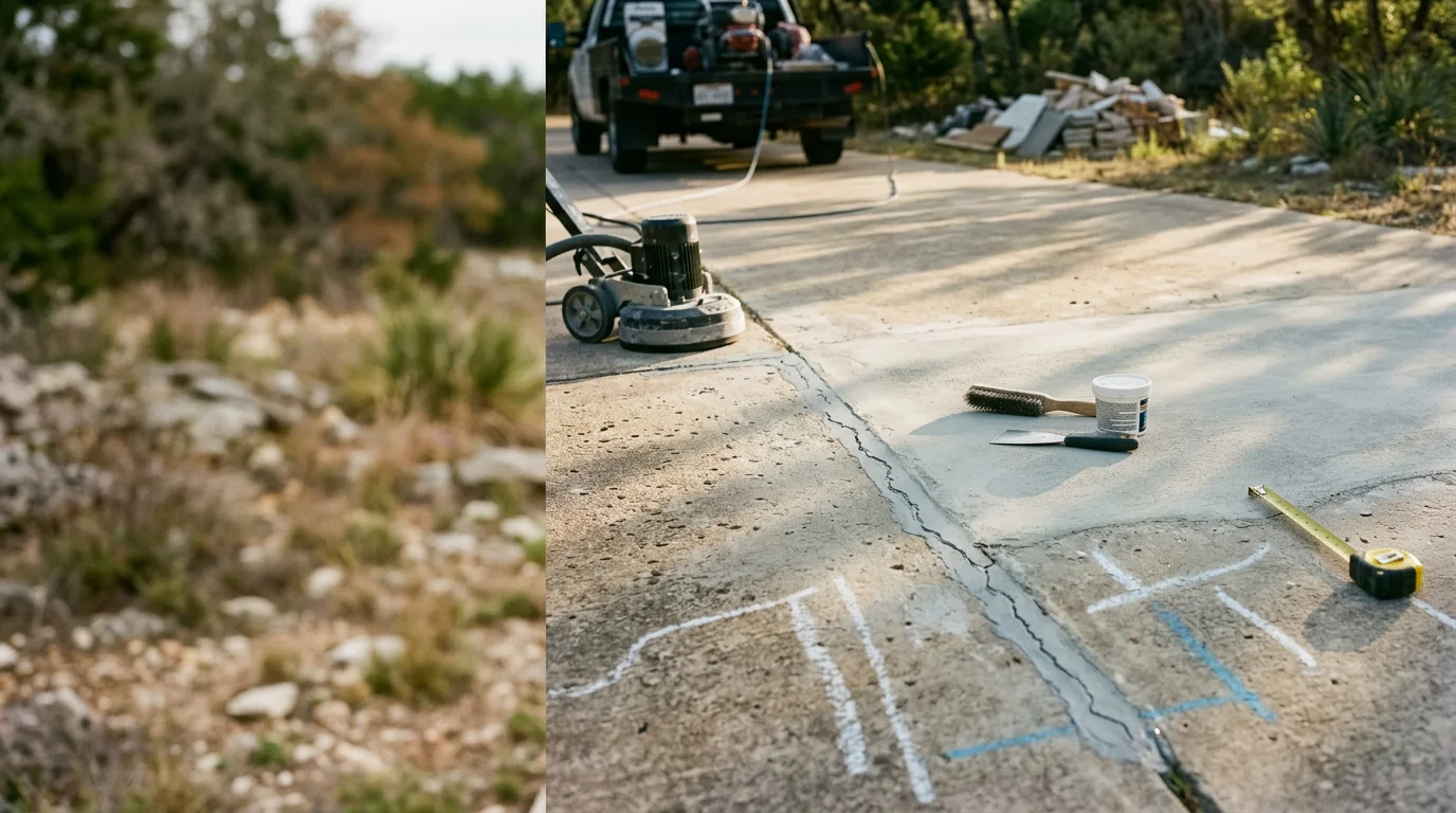 Repaired concrete surface on a residential property in Junction, Texas, showing filled cracks and restored slab condition. Close-up view of patched concrete on a Hill Country home's exterior walkway.