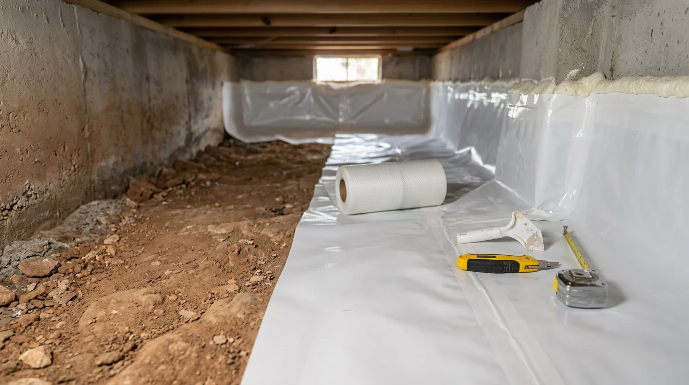 A sealed crawlspace beneath a Texas Hill Country home showing a heavy-duty vapor barrier covering the dirt floor and lower walls. The encapsulated space is dry and clean, with foundation vents sealed against outside humidity.