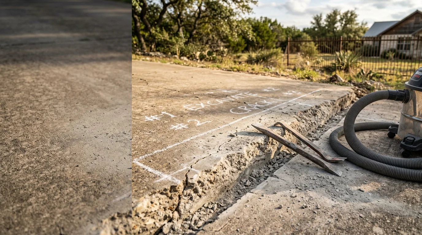A repaired concrete driveway in Junction, Texas showing a smooth, level surface with filled cracks and restored edges. The surrounding Hill Country landscape is visible in the background.