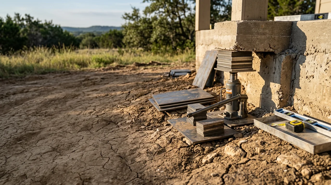 A Hill Country home near Junction, Texas with a visibly level slab foundation after professional foundation leveling work. A technician reviews the corrected foundation line along the exterior perimeter of the structure.