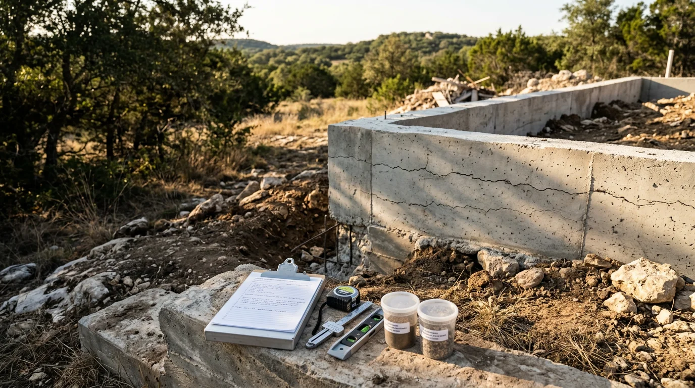 A repaired residential foundation along a Texas Hill Country home in Junction, showing stabilized concrete with no visible cracking or separation. The surrounding soil is typical of the region's shallow clay and limestone terrain.