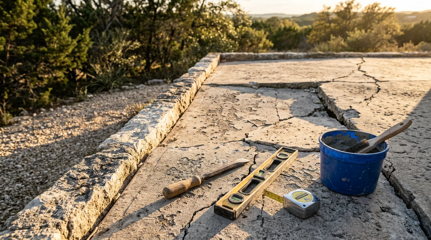 A repaired concrete patio slab in Junction, Texas, showing a smooth, level surface with sealed cracks and no visible settling or uneven panels. The outdoor patio area sits adjacent to a residential home in a Texas Hill Country setting.