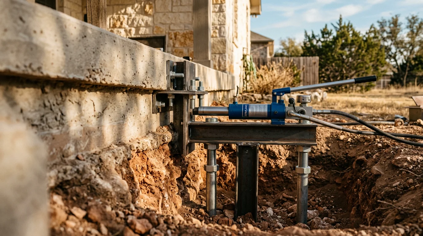 A settled slab home in Junction, Texas with foundation piers installed along the perimeter and hydraulic equipment in place during a structural lifting project. The exterior shows exposed footing at the work area with surrounding Hill Country terrain visible in the background.