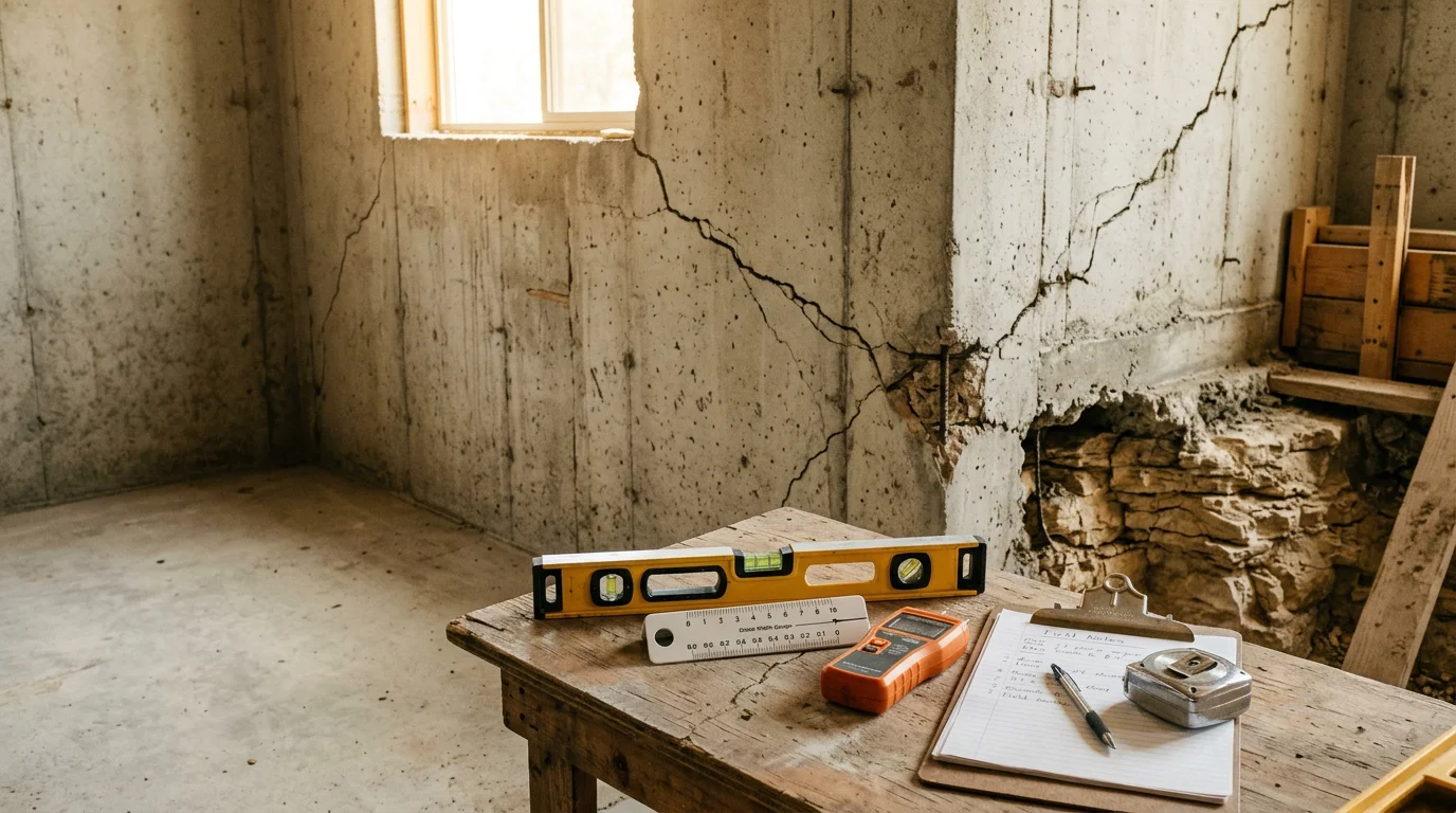 A Better Base Solutions crew member inspecting a damaged load-bearing beam beneath a Junction, Texas home. Visible structural framing shows signs of stress consistent with Hill Country soil movement.